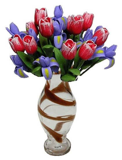 (image for) Pink Tulips & Purple Irises in Brown Striped Vase 12pc