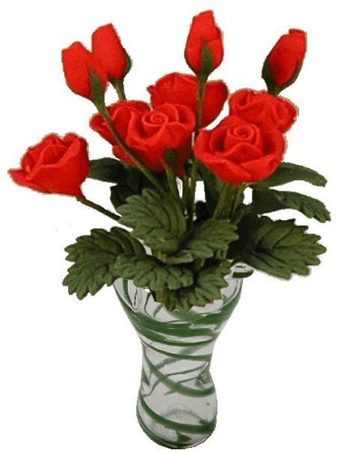 (image for) Red Roses in Green Striped Ruffle Vase 12pc