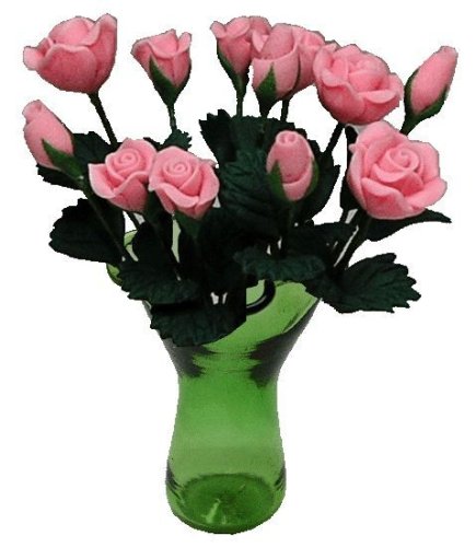 (image for) Pink Roses in Green Ruffled Vase 12pc