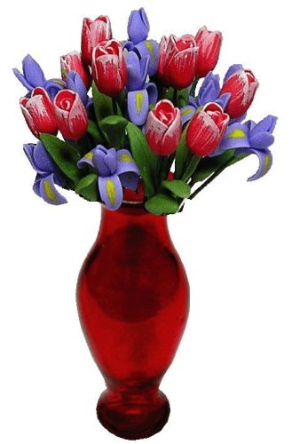 (image for) Pink Tulips & Purple Irises in Red Classic Vase 12pc