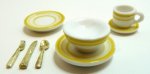 (image for) Yellow Trim Ceramic Dinner Set for One w/ Goldware 8pc