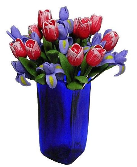 (image for) Pink Tulips & Purple Irises in Blue Square Vase 12pc