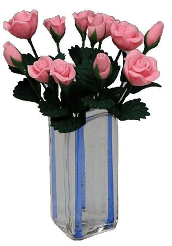 (image for) Pink Roses in Blue Striped Square Vase 12pc