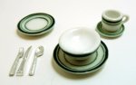 (image for) Green Trim Ceramic Dinner Set for One w/ Silverware 8pc