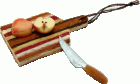 (image for) Cut Apple Halves & Knife on Cutting Board