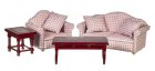 (image for) Living Room Furniture Set 4pc - Pink Check & Mahogany