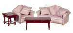 (image for) Living Room Furniture Set 4pc - Pink Check & Mahogany