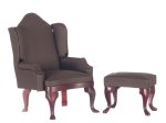 (image for) Flat Brown Wing Back Chair w/ Ottoman