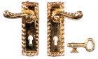 (image for) Fancy Victorian French Door Handles w/ Key 1pr Rectangle Plate