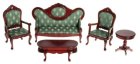 (image for) Mahogany Victorian Living Room Set - Green Fabric - 5pc